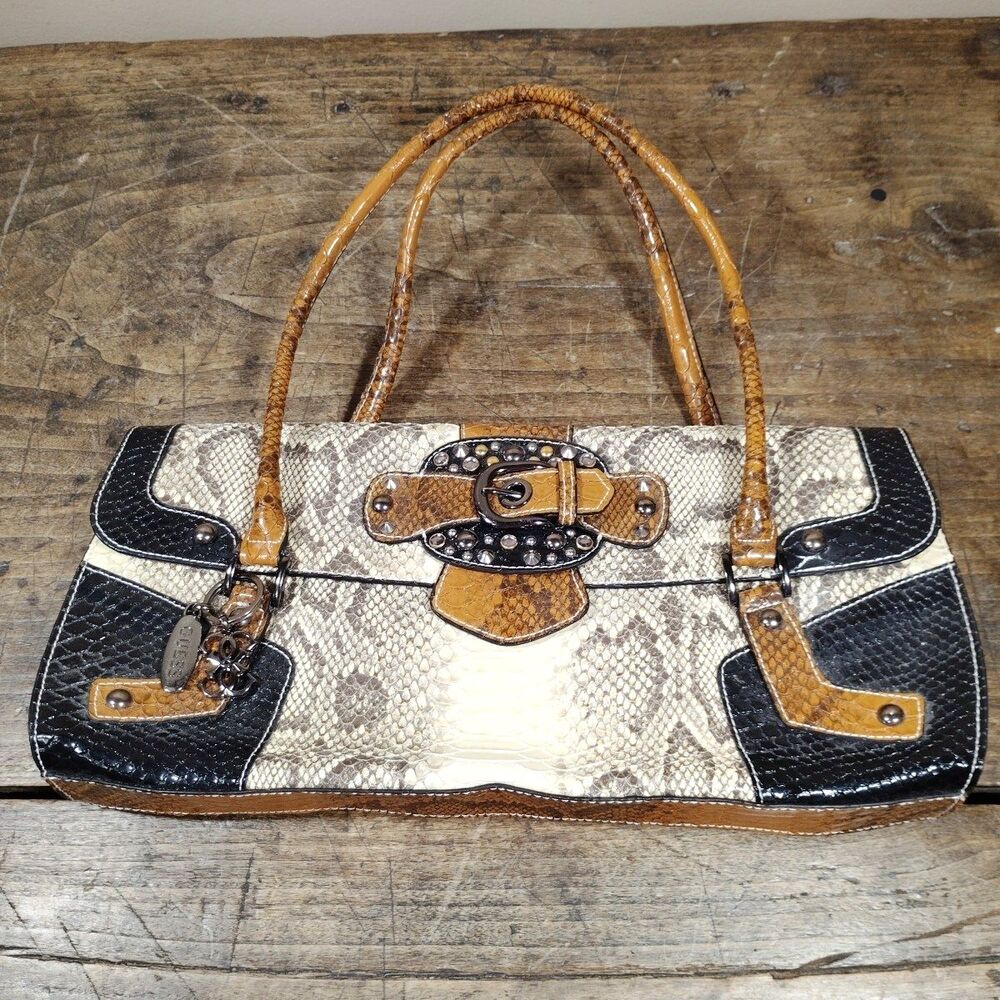 GUESS Handbag 90s Vintage Purse Studded Snakeskin Print Rhinestone Y2K OG Charms